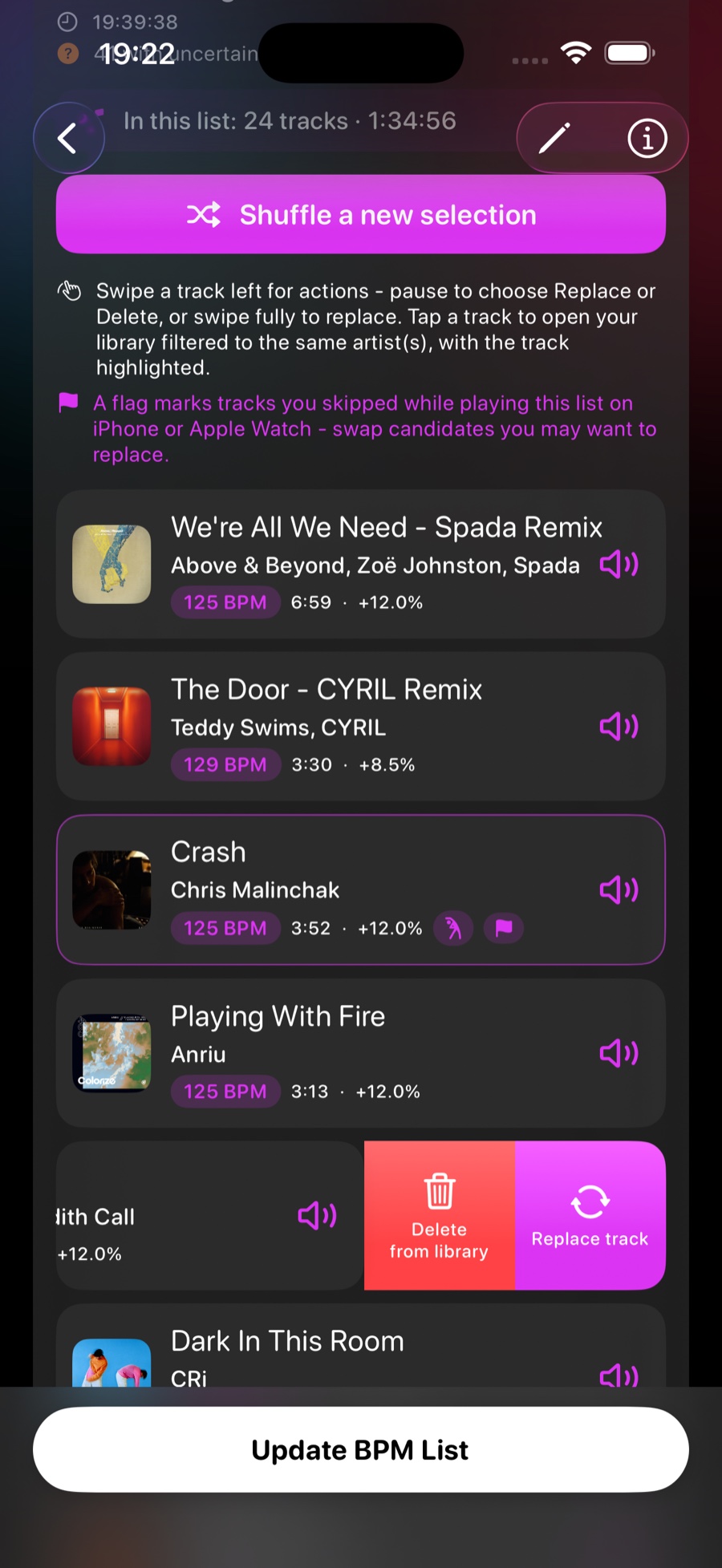 BPM list track rows with a purple swap-candidate flag and a swipe revealing Replace and Delete actions