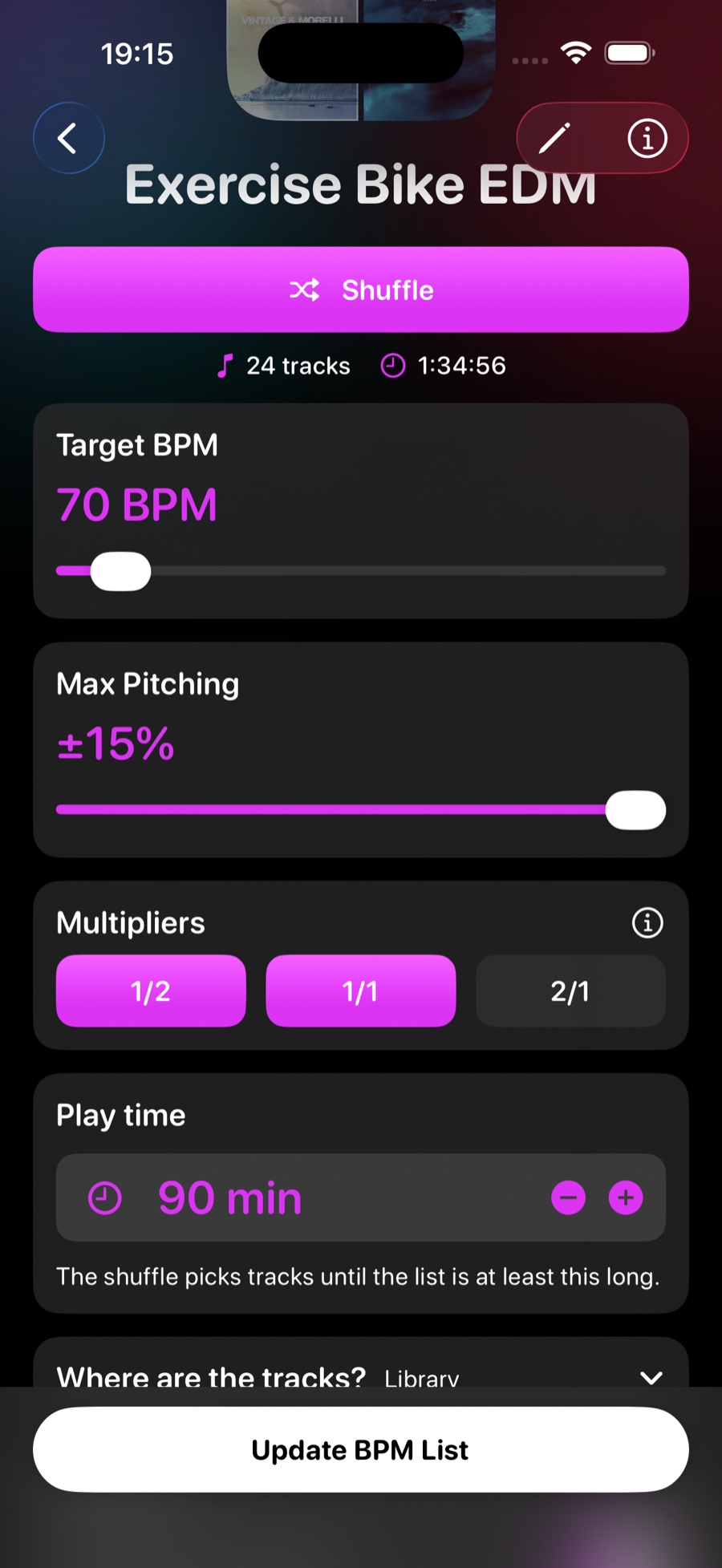 BPM list editor showing Target BPM slider at 70 BPM, Max Pitching, Multipliers and Play time