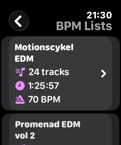 Apple Watch BPM Lists screen showing Motionscykel EDM with 24 tracks, duration and 70 BPM