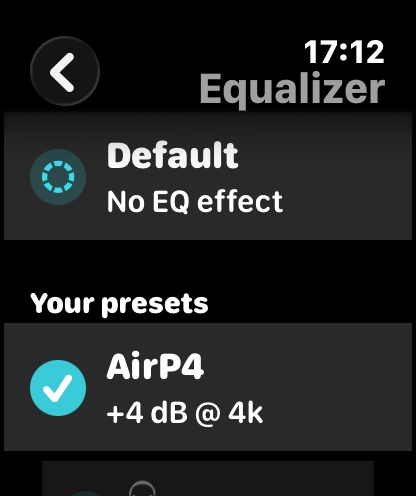 The Run2Beat Equalizer screen on Apple Watch, with Default and a saved AirP4 preset