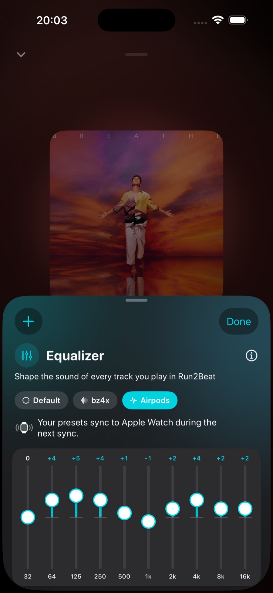The Run2Beat Equalizer sheet with named presets above ten frequency sliders, Airpods preset selected