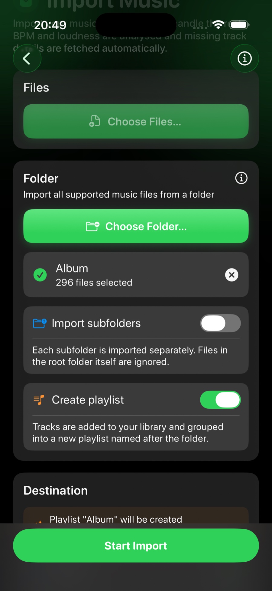 The Run2Beat Import Music screen, showing the Files and Folder sections and the Start Import button