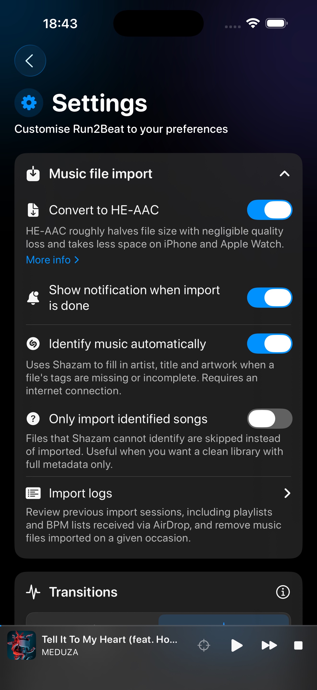 Run2Beat Settings showing Music file import options, including Identify music automatically and Only import identified songs