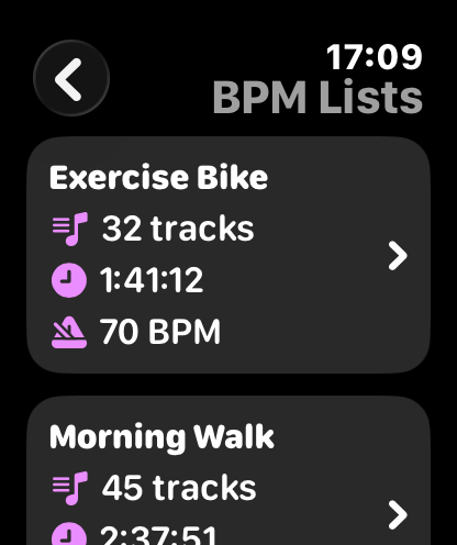 Apple Watch BPM Lists with Exercise Bike and Morning Walk