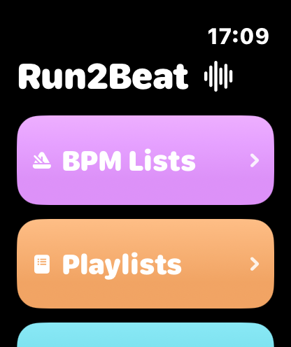 Apple Watch home with BPM Lists and Playlists