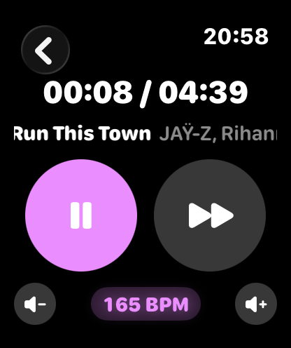 Apple Watch Now Playing a BPM list at 165 BPM