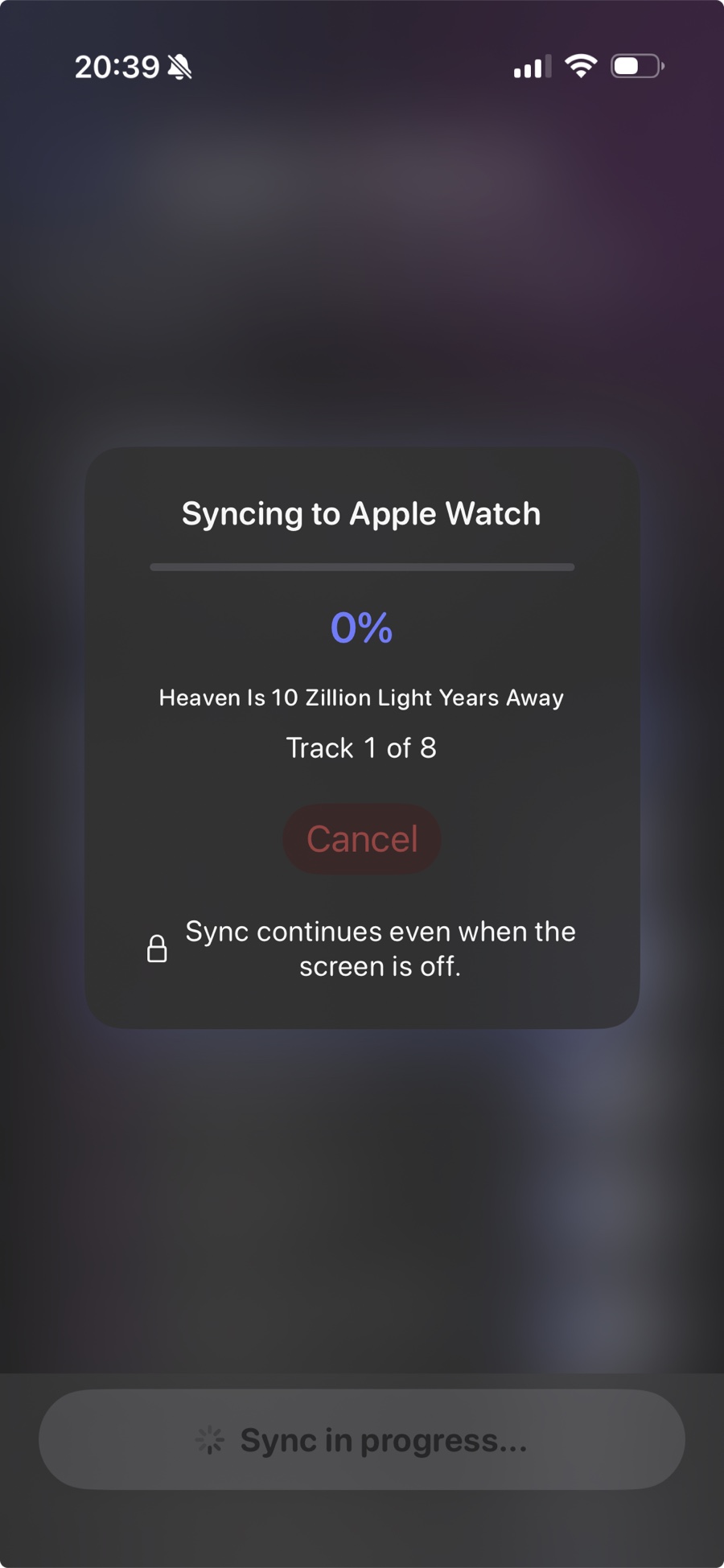 Run2Beat Sync overlay on iPhone showing Syncing to Apple Watch, progress percentage, current track title, track counter, and Cancel
